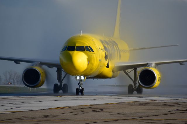 Airbus A320 (N644NK) - Taxing though a water cannon salute. Kicking off new service to Akron-Canton