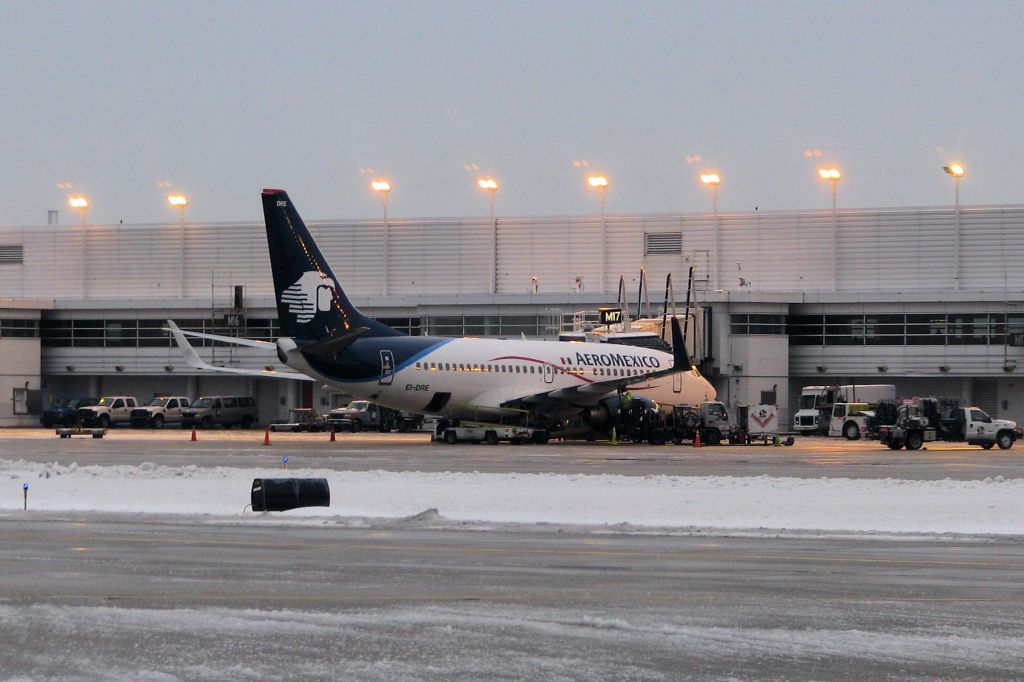 Boeing 737-700 (EI-DRE) - Being serviced for a flight in the early morning hours of December 24th, 2009, at OHare Internationals Gate M17.