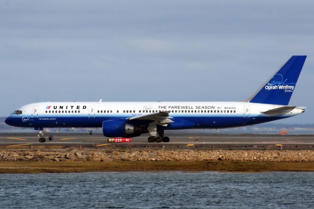 Boeing 757-200 (N542UA) - United B752 in special 'Oprah Winfrey - The Final Season' livery departs BOS on April 27, 2011. 