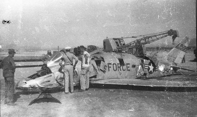 North American F-86 Sabre (FZA973) - Bit of a hard landing at Nellis in the mid-50s.  Photo Elmer K Hall, my collection.