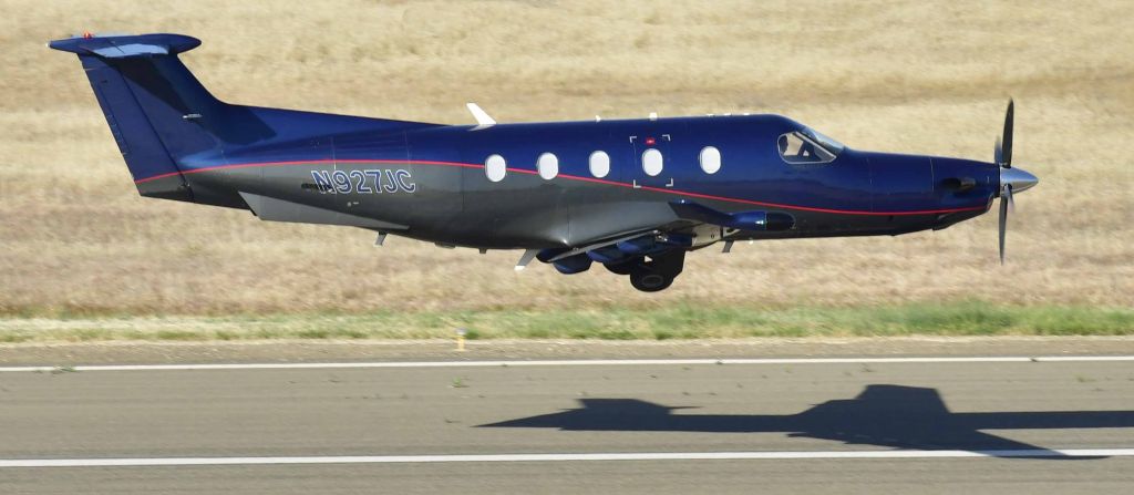 Pilatus PC-12 (N927JC) - Departing runway 30, the Merced-Yosemite Regional Airport. 5/04/22