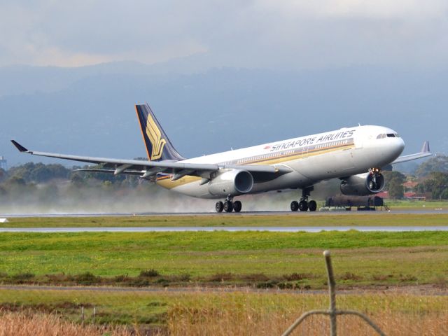 Airbus A330-300 (9V-STP) - Getting airborne off runway 23 on a gloomy, cold winters day and heading home to Singapore.  Wednesday 4th July 2012.