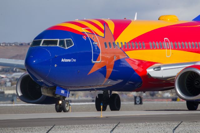 Boeing 737-700 (N955WN) - Southwest Airlines B737 "Arizona One" holding short of RWY 34R at Reno-Tahoe International Airport.