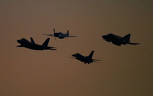 — — - F-22, QF-4, F-16, P-51