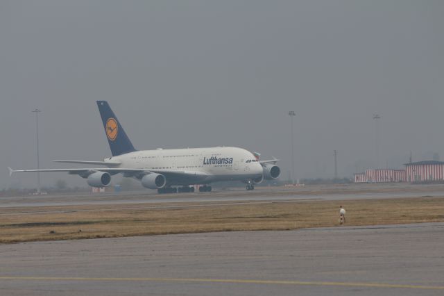 Airbus A380-800 (D-AIMD) - First landing of an Airbus A380 at Sofia Airport.br /The PIC which is from Bulgaria, displays the Bulgarian flag from the cockpit during taxiing.br /Photo taken 16 Oct 2016