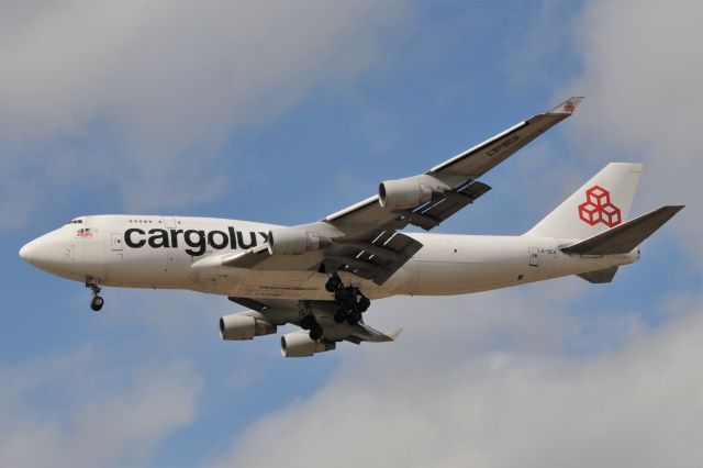 Boeing 747-400 (LX-DCV) - Flight 774 LUX-IND shown arriving on short final for Runway 23-R this (02-26-16) afternoon.