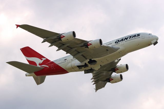 Airbus A380-800 (VH-OQL) - QF10 to Melbourne via Dubai taking off on London Heathrows runway 27R on Monday 23rd May 2016. Photo taken from Thistle Hotel Viewing Terrace.