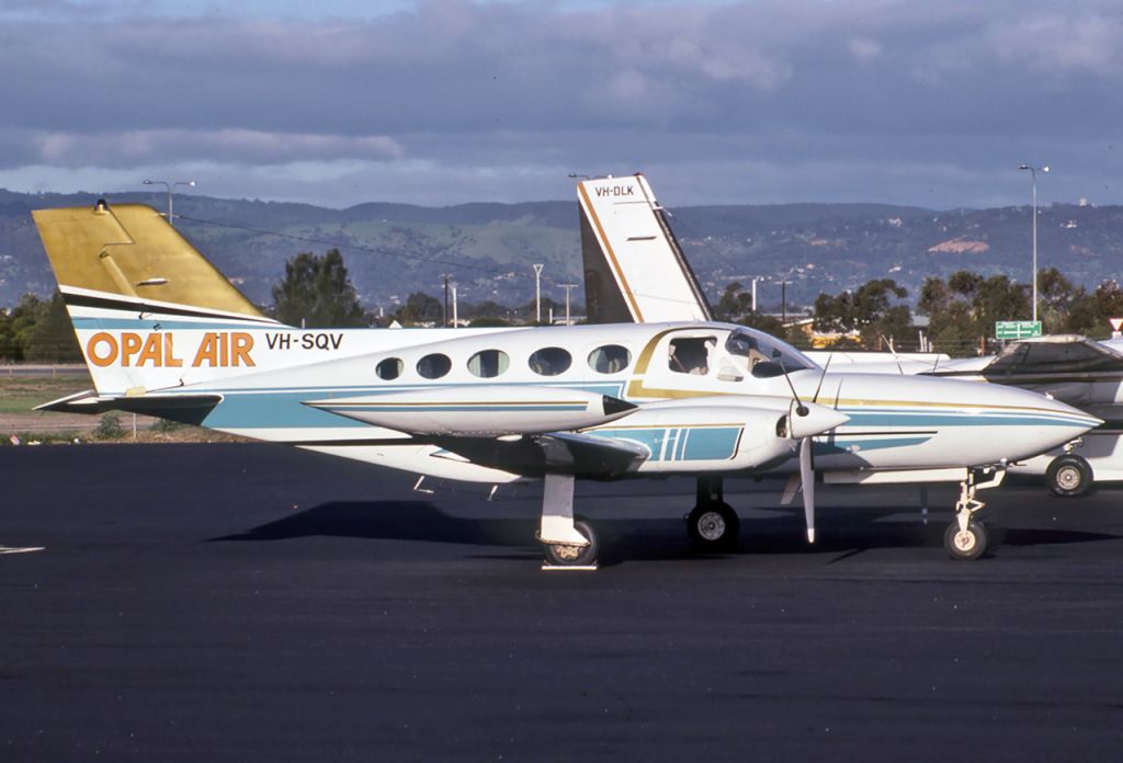 Cessna 421 (VH-SQV) - OPAL AIR - CESSNA 421B GOLDEN EAGLE - REG : VH-SQV (CN 0665) - ADELAIDE INTERNATIONAL AIRPORT SA. AUSTRALIA - YPAD 2/7/1983 SCANNED FROM A SLIDE AND CONVERTED TO HD