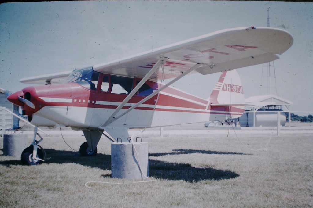 Piper PA-22 Tri-Pacer (VH-STA) - Tripacer VH-STA tied down to concrete blocks built by the RAAF during WWII, and still in use today,2016, circa 1956