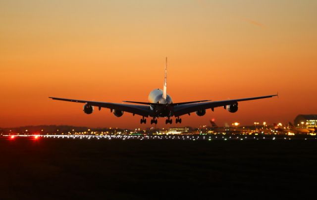 Airbus A380-800 — - Landing runway 027L, LHR.