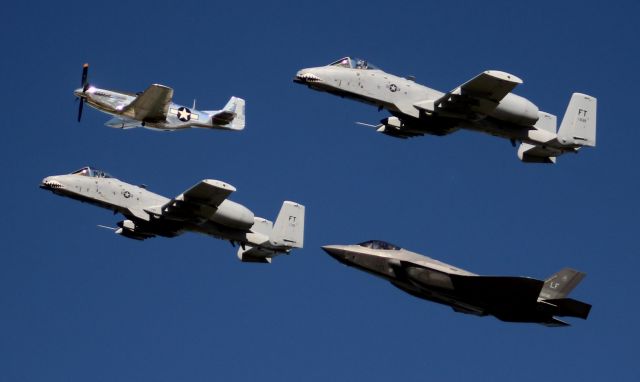 Fairchild-Republic Thunderbolt 2 — - The USAF Heritage Flight Teams P-51D, A-10s, and F-35 in a flyby over Wittman Regional Airport, Oshkosh, WI, during AirVenture 2017 - July 29, 2017. 