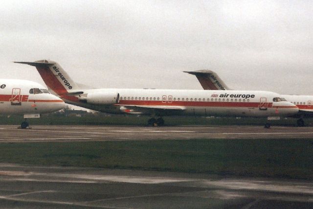 Fokker 100 (PH-ZCN) - In storage here in Mar-91 following the demise of Air Europe.br /br /Reregistered G-UKFI 12-Oct-93 then PH-OFI for KLM Cityhopper.br /Registration cancelled 23-Feb-11. Broken up at EHWO.