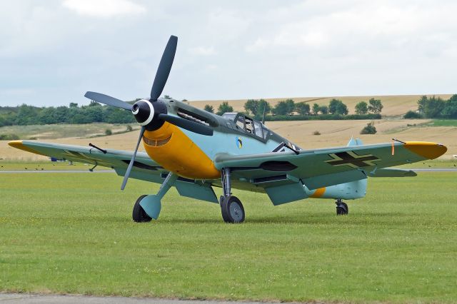 MESSERSCHMITT Bf-109 (G-AWHR) - Hispano Aviacion HA-1112-M1L. Photo taken on July 13, 2019 at Duxford Flying Legends airshow.