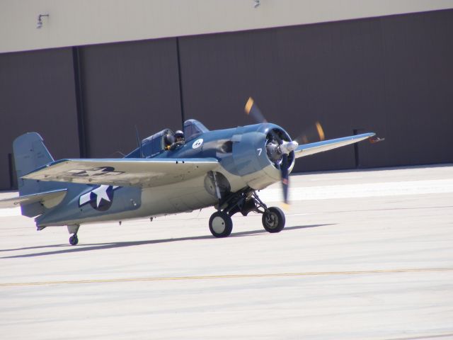 — — - We saw this FM-2 Wildcat perform at Wings Over Whiteman. When the performance was over the pilot had a broken strut on his right landing gear. He ended up making an emergency dead-stick landing and his right landing gear collapsed. It took a few hours to get the plane off the runway. The pilot was not injured and the plane was not too badly damaged. We were not able to see this landing as the runway was behind the B-2 hangers so we had to go by what the announcer was telling us.