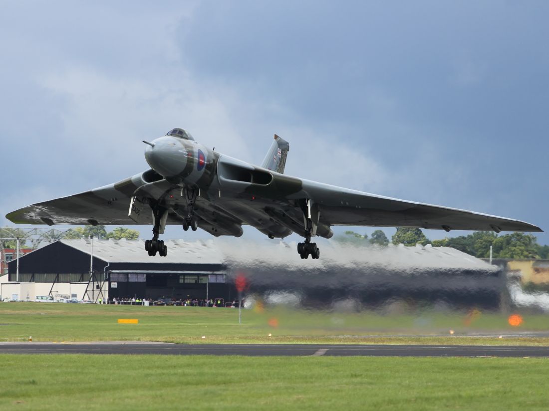 — — - The Avro Vulcan at rotation during FIA 2012. This aircraft was almost a no show this year as a few weeks before it damaged 2 engines. Engineers worked tirelessly to replace the engines and got her back in the air for the 2012 Airshow season.