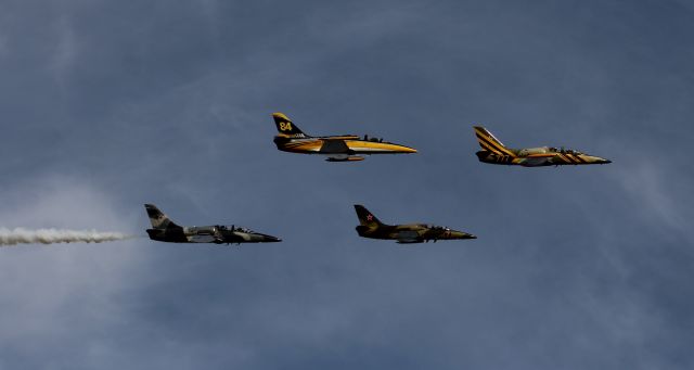 Aero L-39 Albatros (N247SG) - Four Aero Vodochody L-39 Albatros' flying formation above Sonny Callahan Airport, Fairhope, AL, during the Classic Jet Aircraft Association's 2020 Jet Blast - afternoon of March 7, 2020.