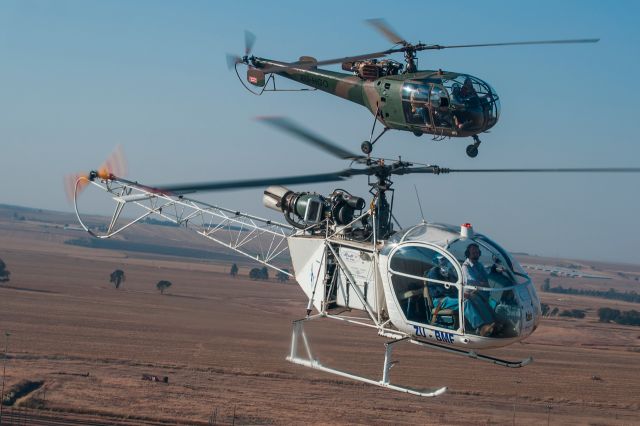 SUD-EST SE-3130 Alouette 2 (ZU-BMF) - Formation flight with 2 x Alouette II and 1 x Alouette III over the countryside of Johannesburg, South Africa.