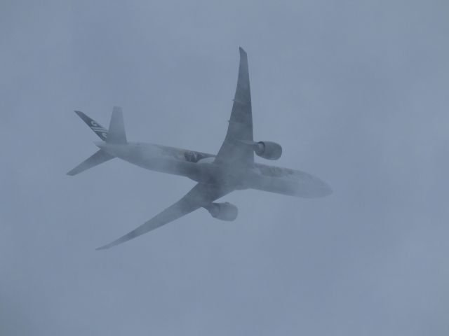 Boeing 777-200 (ZK-OKP) - Hobbit themed Air Zealand Flight 136 (Brisbane to Auckland) over One Tree Hill disappearing into cloud