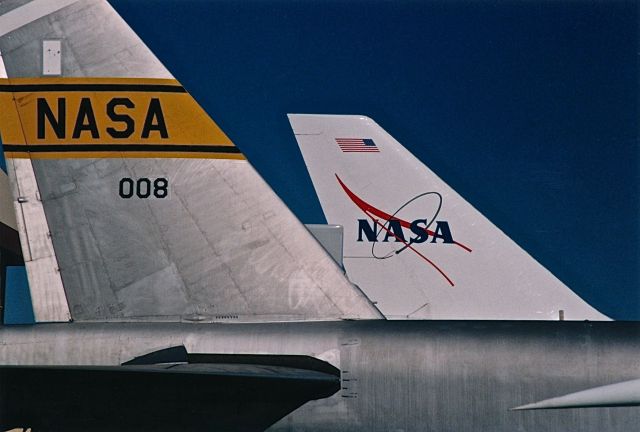 Boeing B-52 Stratofortress (52-0008) - NASA new and old. B-52B and B-747 Shuttle aircraft on display at the Edwards AFB Open House and Air Show 10-18-1997