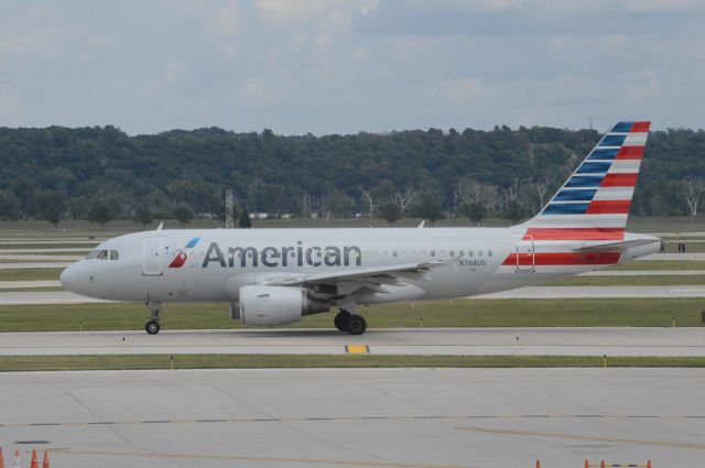 Airbus A319 (N768US) - American 838 is departing to Phoenix Sky Harbor at 2:55 PM CDT at Omaha Epplwy Airfield.  Photo taken July 28, 2017 with Nikon D3200 mounting 55-200mm VR2 lens.