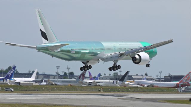 BOEING 777-300 (A6-EGW) - BOE201 on final approach to runway 16R to complete its maiden flight on 7/19/12. The aircraft is a B777-31H(ER), c/n 35601, LN:1034.