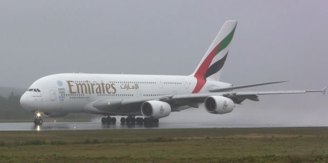 Airbus A380-800 (A6-EDE) - Airbus A380 getting ready for takeoff at Gander International.