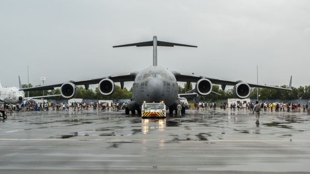 Boeing Globemaster III — - The C17 being towed out for its aerial display at the Singapore Airshow 2016