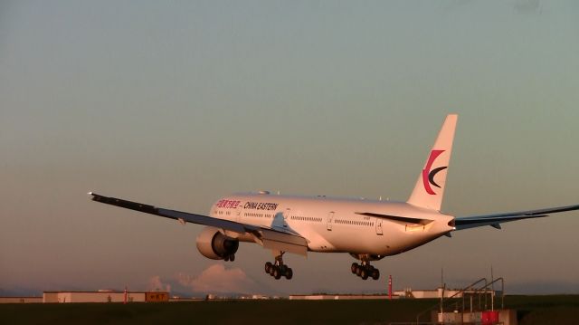 BOEING 777-300 (B-2025) - China Easterns latest 777, B-2025, landing at KPAE, Paine Field, in the sunset two weeks ago after its Customer Acceptance (C4) VOR Test Flight from PAE-PAE.