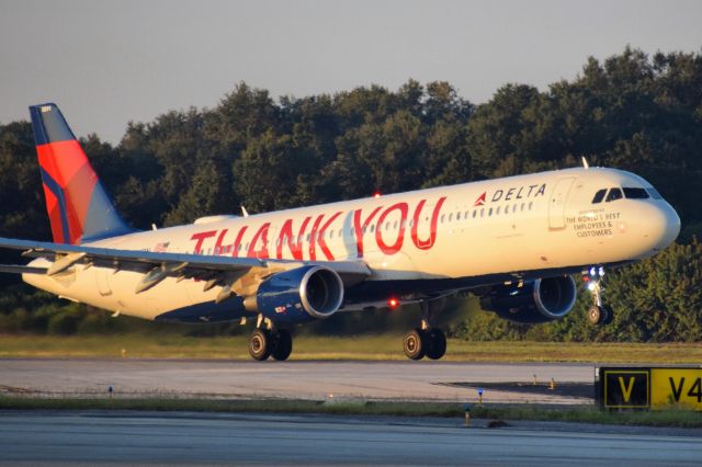 Airbus A321 (N391DN) - Delta's "Thank You" livery departing Runway 01L at Tampa International (TPA) for Salt Lake City (SLC) as DAL533