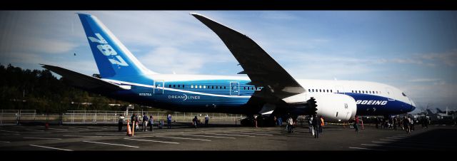 Boeing 787-8 (N787BA) - Panorama photo of the Boeing 787s visit to the Museum of Flight, Seattle, 9 Oct 2011. Color curves, saturation, etc. edited with GIMP.