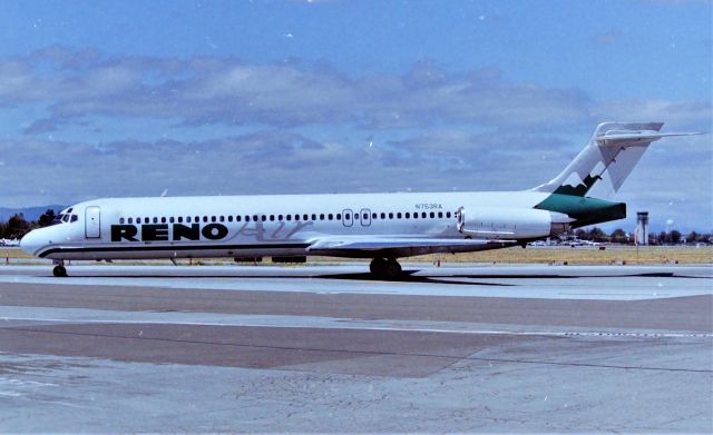 McDonnell Douglas MD-87 (N753RA) - KSJC - June 1999 shows time is running out for Reno Air as the rudder shows AA paint approaching Aug 31, 1999 last day of service for Reno Air as American Airlines takes them over. Reno Air had 5 MD-87s and they were seen frequently at San Jose Intl.