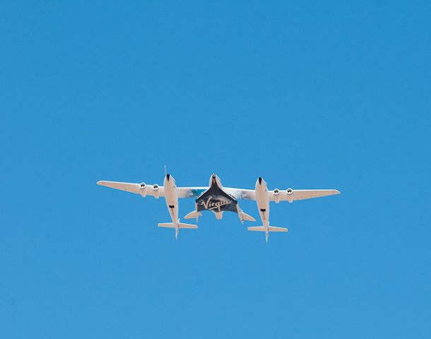 Scaled Composites White Knight 2 (N348MS) - Test flight of Virgin Galactic Spaceship 2 at Spaceport America, New Mexico. Taken 10/17/2011.  Photo © Douglas M. Weisman.