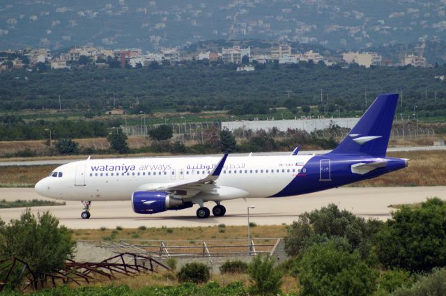 Airbus A320 (9K-EAH) - Wataniya A320 getting ready for take off after fuel stop in Athens.