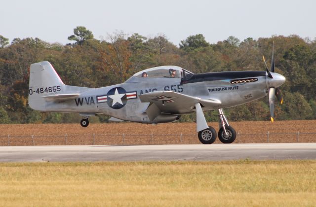 — — - The Collings Foundations North American TF-51D Mustang "Toulouse Nuts" landing at Pryor Field Regional Airport, Decatur, AL - October 26, 2016.