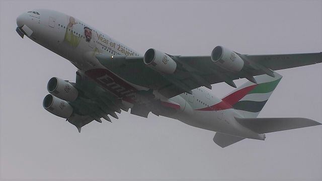 Airbus A380-800 (A6-EUA) - Very gloomy day at Zurich. Not the best picture tho.sorry