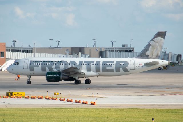 N206FR — - Frontier 154 is turning into Gate C3 after a flight from Denver.Photo taken 5:53 PM with Nikon D3200 at 200mm. 