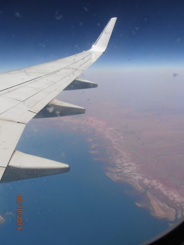 Boeing 737-800 (VH-YOP) - Virgin Australia Boeing 737-800 from Perth Airport to Denpasar. Over the red sand of the Australian Outback. 