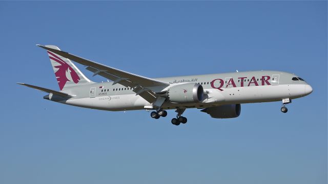 Boeing 787-8 (A7-BCG) - BOE468 on final to Rwy 16R to complete a flight test on 7.22.13. (LN:116 cn 38325).