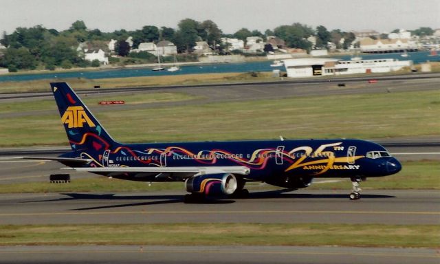 Boeing 757-200 (N520AT) - 25th Anniversary scheme at Logan in September 1999. 