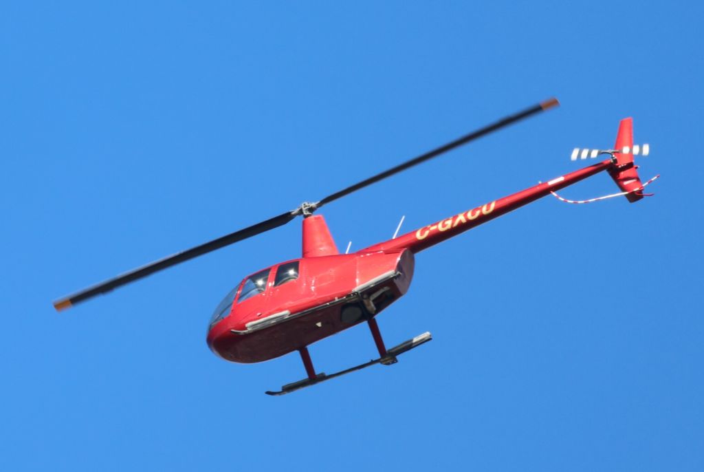 Robinson R-44 (C-GXCU) - C-GXCU Robinson R44 Raven Quebec Helicopter Inc Survolant la ville de Lavaltrie QC. Le 12-10-2024 à 10:33.
