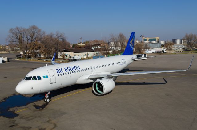 Airbus A320 (P4-KBH) - The first plane P4-KBH new Airbus A320-271N(WL) NEO for the airline Air Astana in Almaty UAAA airport, Kazakhstan, 09.11.16.