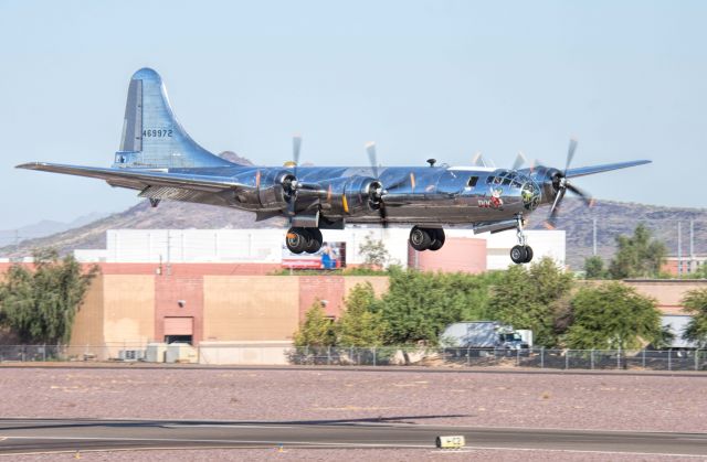 Boeing B-29 Superfortress (N69972) - Boeing B-29 "Doc" ready to touch down at Phoenix Deer Valley Airport on 9/18/19