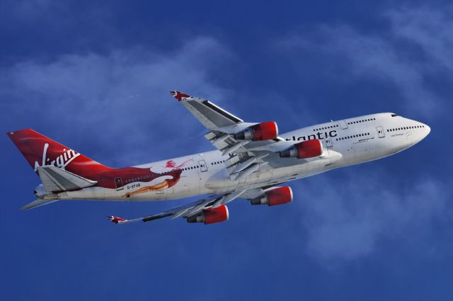 Boeing 747-400 (G-VFAB) - Veils of mist roll in from the Pacific in the late afternoon as "Lady Penelope", a Virgin Atlantic Airways operated Boeing 747-400 series jumbo jet, takes to the skies after liftoff from the Los Angeles International Airport, LAX, in Westchester, Los Angeles, California