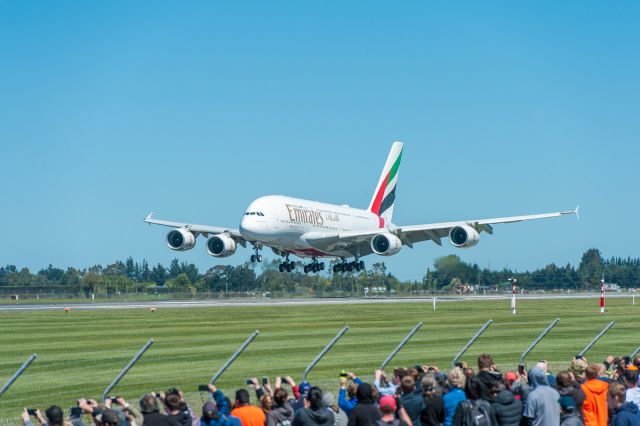 Airbus A380-800 (A6-EUG) - Emirates Airlines brand new Airbus A380-800 A6-EUG about to touch down at Christchurch Airport on 31 October 2016 after a short hop over from Sydney, after flying over from Dubai.br /br /This starts the regular daily A380 service from Sydney to Christchurch (and return) on the tail end of the Dubai to Sydney flight using an A380 instead of the lovely B77Ws.