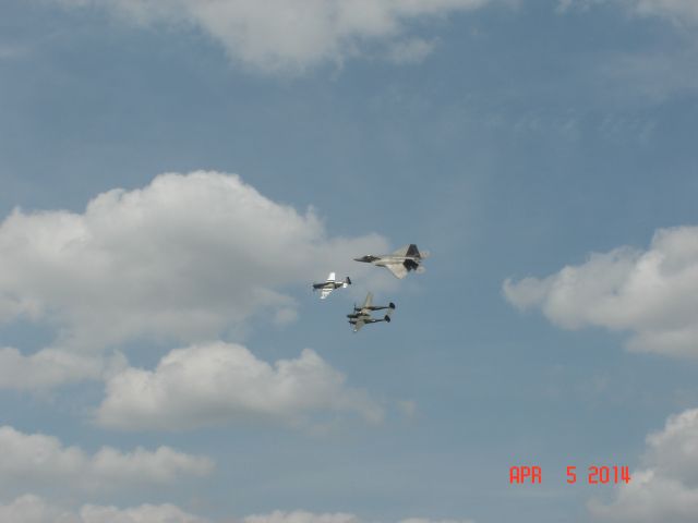 — — - Heritage Flight P-51 Mustang (Crazy Horse), P-38 Lightning (Glacier Girl), and the mighty F-22 Raptor (05-107)