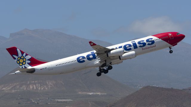 Airbus A340-300 (HB-JMD) - Tenerife Sur - Reina Sofia (TFS / GCTS) - Spainbr /br /Photo taken: June 5, 2022br /br /Operator: Edelweiss Airbr /Type: Airbus A340-313Xbr /Registration: HB-JMDbr /Serial: 556