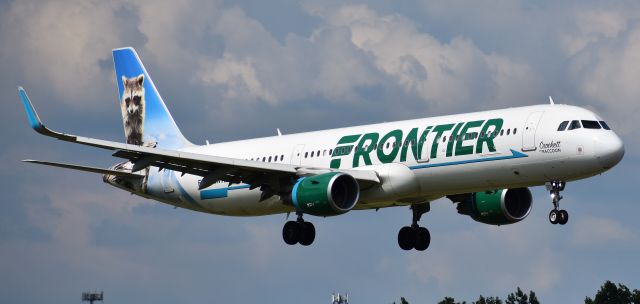 Airbus A321 (N720FR) - Crockett the Raccoon on approach to 18C.  Anyone think this name is a little... cruel to a raccoon? From the CLT overlook, 7/4/18.