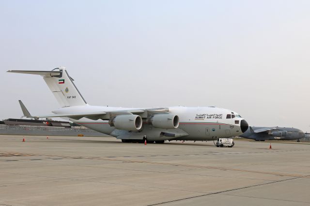 Boeing Globemaster III (KAF343) - KAF343, a Boeing C-17A Globemaster III, tail #13-0002, c/n F-266, of the Kuwait Air Force seen on Pad-3 at KCLE on 4 Sept 2017 along with a USAF C-17A Globemaster III, tail #97-0046, c/n P-46. 