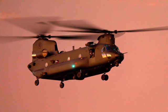 Boeing CH-47 Chinook — - Republic of Singapore Air Force CH-47F returning to Warrior's Camp after sunset.