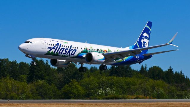 Boeing 737 MAX 9 (N979AK) - BOE204 on final to Rwy 34L during a flight test from KBFI on 7.25.21. The aircraft is using temp reg #N60436 and is in a Eco-Demonstrator livery. (B737-9 MAX / ln 7503 / cn 43393).